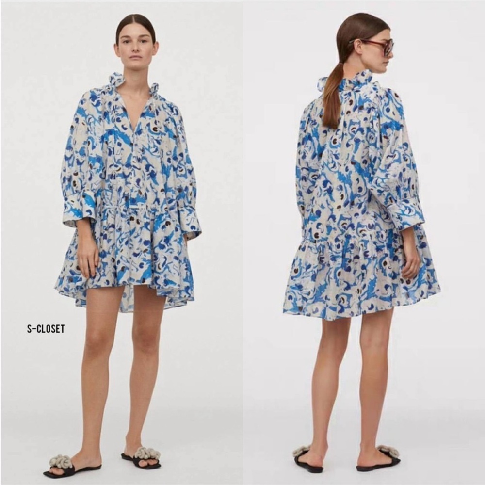 H&M hm Cotton Voile Ruffle Collar Peplum Mini Dress Drop waist Pattern Blue NWT